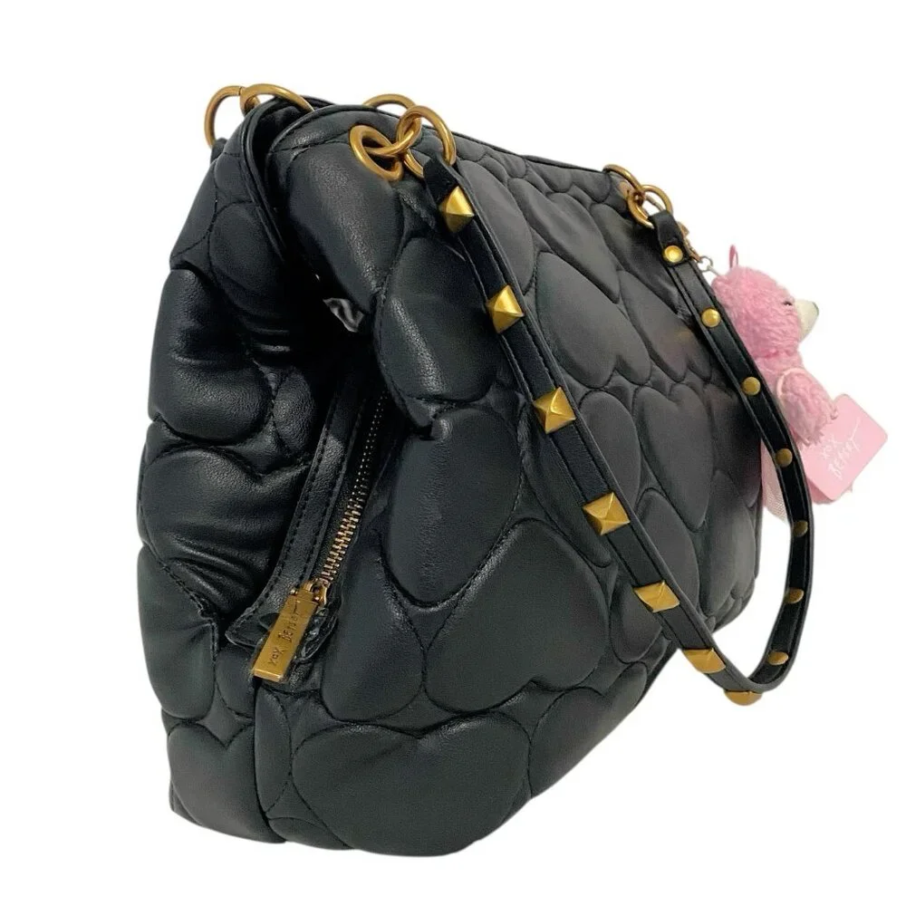 Betsey Johnson Black Heart Quilted Satchel Handbag Purse With Pink Bear Charm - Picture 6 of 12